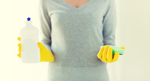 Cleaning professional reviewing insurance and safety documentation before service